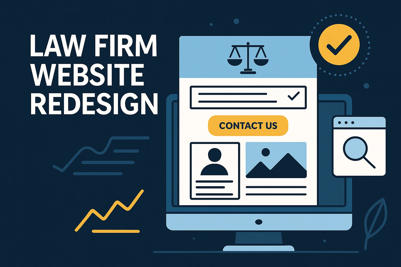 Flat-style digital illustration of a computer screen showing law firm website design interface, symbolizing modern WordPress redesign for legal advisory firms.