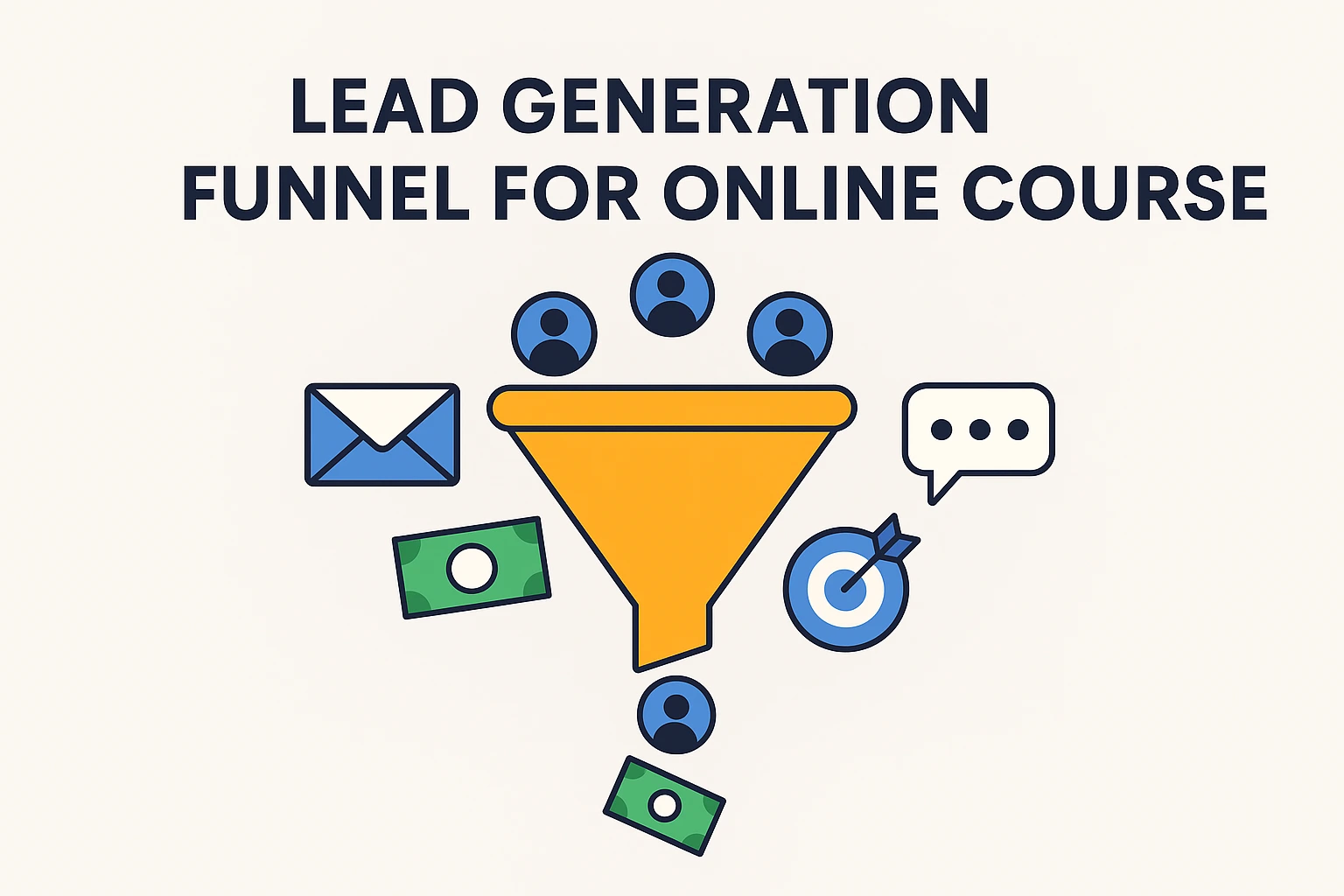 Illustration of a lead generation funnel for online course creators, showing email automation, landing pages, and digital course promotion
