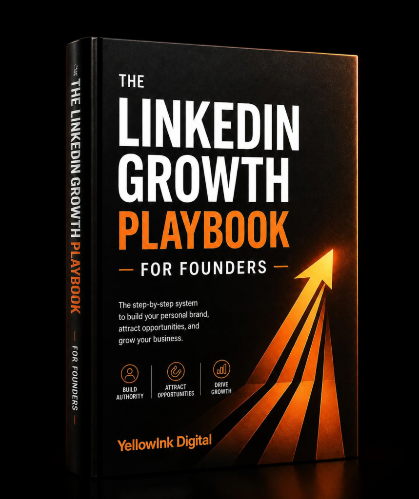 LinkedIn Growth Playbook for Founders by YellowInk Digital, featuring a free 90-day LinkedIn personal branding and lead generation strategy